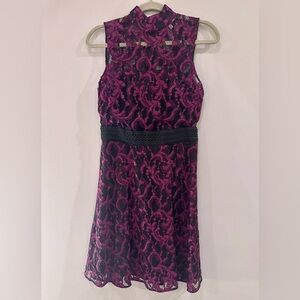RACHEL Rachel Roy Fit and Flare Party Dress, Fuchsia Black Lace, Size 4